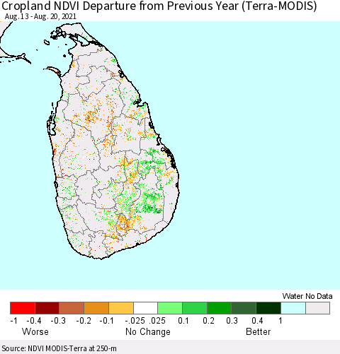 Sri Lanka Cropland NDVI Departure from Previous Year (Terra-MODIS) Thematic Map For 8/11/2021 - 8/20/2021