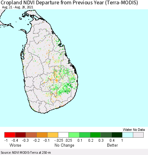 Sri Lanka Cropland NDVI Departure from Previous Year (Terra-MODIS) Thematic Map For 8/21/2021 - 8/28/2021