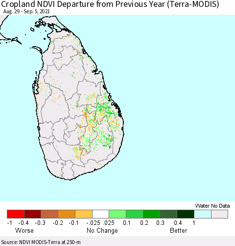 Sri Lanka Cropland NDVI Departure from Previous Year (Terra-MODIS) Thematic Map For 8/29/2021 - 9/5/2021