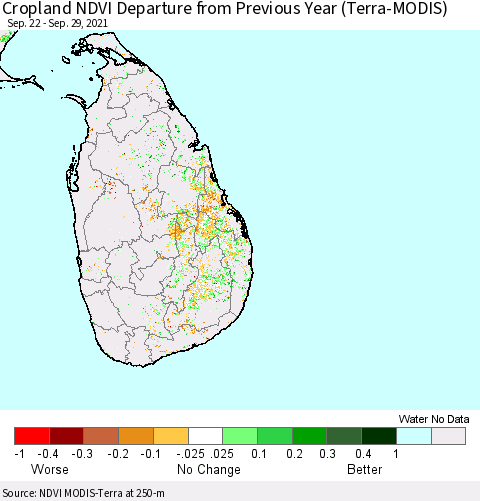 Sri Lanka Cropland NDVI Departure from Previous Year (Terra-MODIS) Thematic Map For 9/22/2021 - 9/29/2021