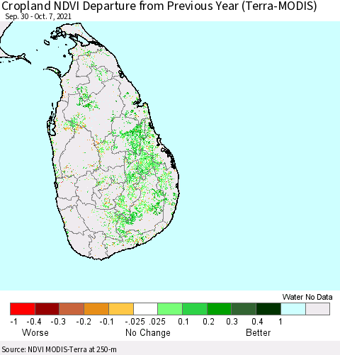 Sri Lanka Cropland NDVI Departure from Previous Year (Terra-MODIS) Thematic Map For 9/30/2021 - 10/7/2021