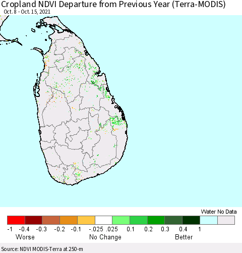 Sri Lanka Cropland NDVI Departure from Previous Year (Terra-MODIS) Thematic Map For 10/8/2021 - 10/15/2021