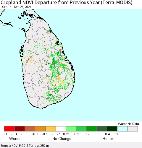 Sri Lanka Cropland NDVI Departure from Previous Year (Terra-MODIS) Thematic Map For 10/16/2021 - 10/23/2021