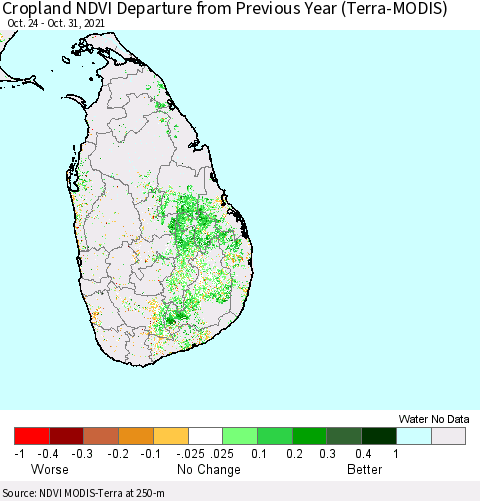 Sri Lanka NDVI Crop-masked Departure from Previous Year (MODIS-Terra) Thematic Map For 10/21/2021 - 10/31/2021