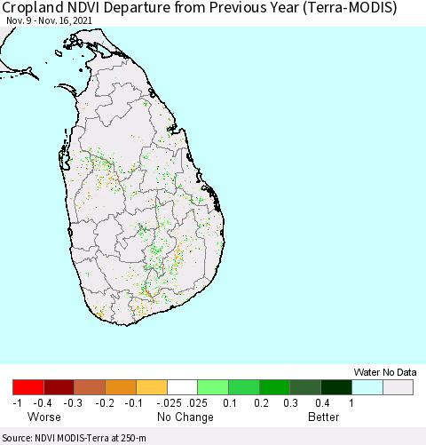 Sri Lanka Cropland NDVI Departure from Previous Year (Terra-MODIS) Thematic Map For 11/9/2021 - 11/16/2021
