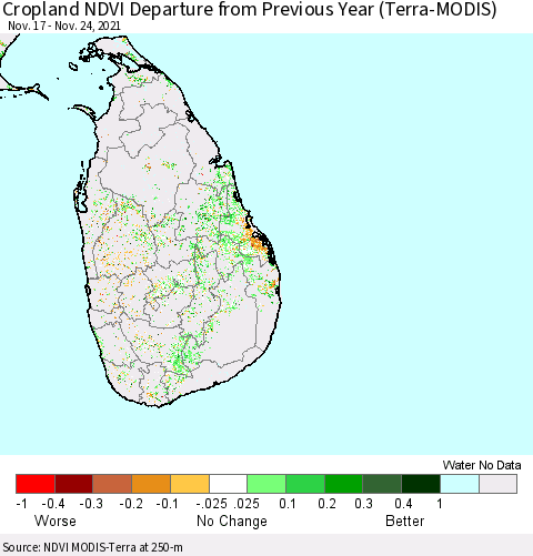 Sri Lanka Cropland NDVI Departure from Previous Year (Terra-MODIS) Thematic Map For 11/17/2021 - 11/24/2021