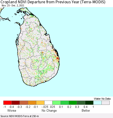 Sri Lanka Cropland NDVI Departure from Previous Year (Terra-MODIS) Thematic Map For 11/25/2021 - 12/2/2021