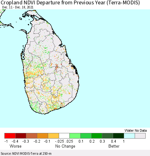 Sri Lanka Cropland NDVI Departure from Previous Year (Terra-MODIS) Thematic Map For 12/11/2021 - 12/18/2021