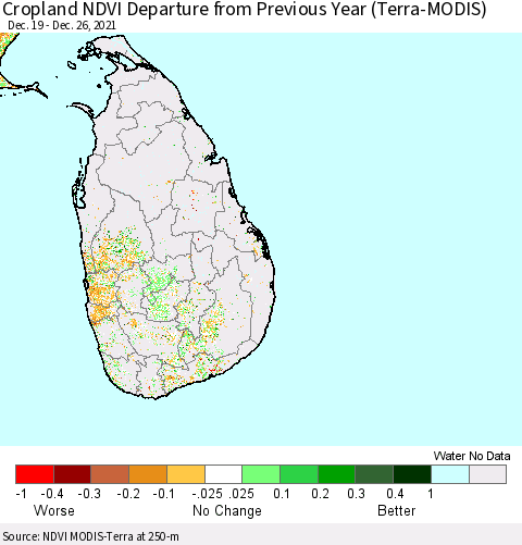 Sri Lanka Cropland NDVI Departure from Previous Year (Terra-MODIS) Thematic Map For 12/19/2021 - 12/26/2021