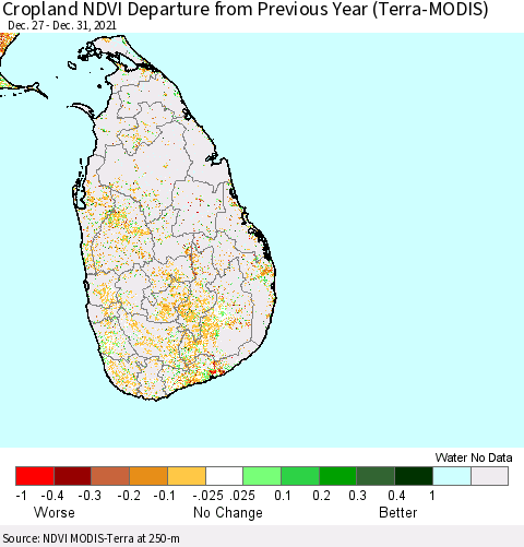 Sri Lanka Cropland NDVI Departure from Previous Year (Terra-MODIS) Thematic Map For 12/26/2021 - 1/2/2022