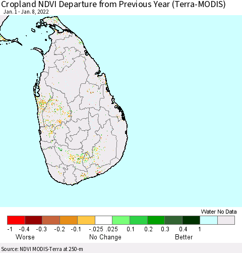 Sri Lanka Cropland NDVI Departure from Previous Year (Terra-MODIS) Thematic Map For 1/1/2022 - 1/8/2022