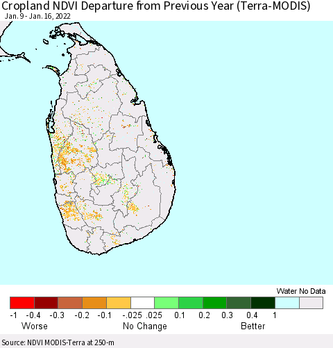 Sri Lanka Cropland NDVI Departure from Previous Year (Terra-MODIS) Thematic Map For 1/9/2022 - 1/16/2022