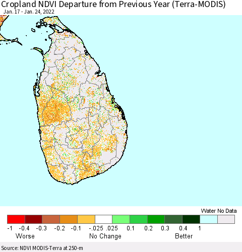 Sri Lanka Cropland NDVI Departure from Previous Year (Terra-MODIS) Thematic Map For 1/17/2022 - 1/24/2022