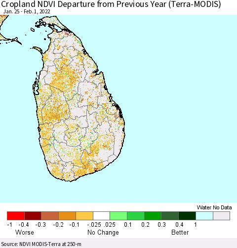 Sri Lanka Cropland NDVI Departure from Previous Year (Terra-MODIS) Thematic Map For 1/25/2022 - 2/1/2022