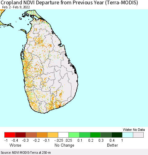 Sri Lanka Cropland NDVI Departure from Previous Year (Terra-MODIS) Thematic Map For 2/2/2022 - 2/9/2022