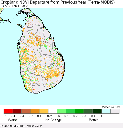 Sri Lanka Cropland NDVI Departure from Previous Year (Terra-MODIS) Thematic Map For 2/10/2022 - 2/17/2022
