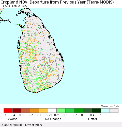 Sri Lanka Cropland NDVI Departure from Previous Year (Terra-MODIS) Thematic Map For 2/18/2022 - 2/25/2022