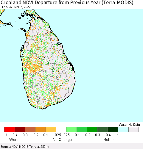 Sri Lanka Cropland NDVI Departure from Previous Year (Terra-MODIS) Thematic Map For 2/26/2022 - 3/5/2022