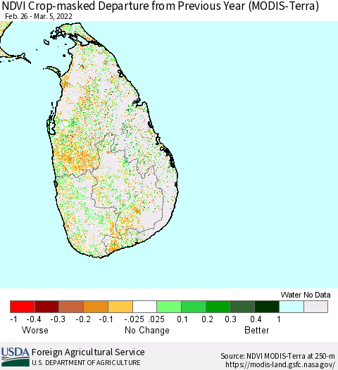 Sri Lanka Cropland NDVI Departure from Previous Year (Terra-MODIS) Thematic Map For 3/1/2022 - 3/10/2022