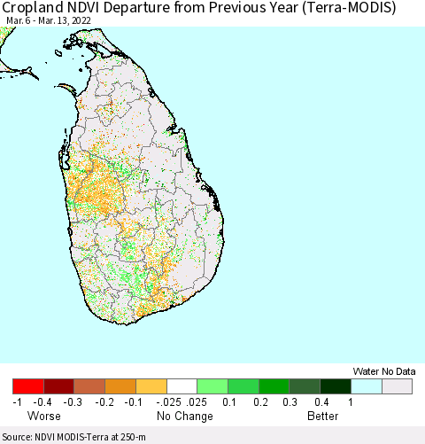Sri Lanka Cropland NDVI Departure from Previous Year (Terra-MODIS) Thematic Map For 3/6/2022 - 3/13/2022