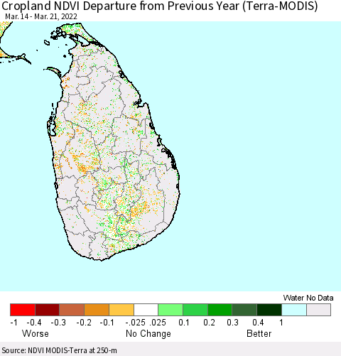 Sri Lanka Cropland NDVI Departure from Previous Year (Terra-MODIS) Thematic Map For 3/14/2022 - 3/21/2022