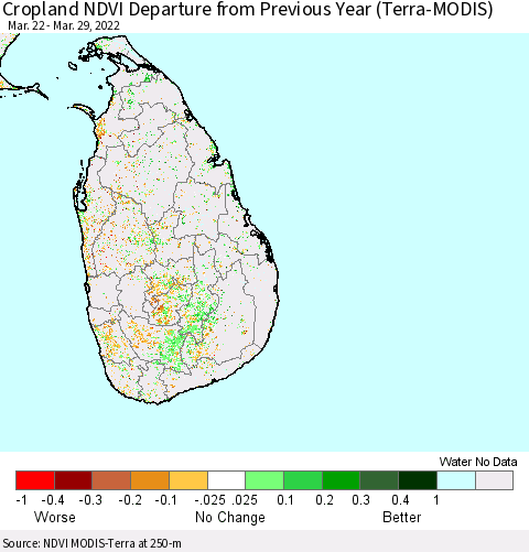 Sri Lanka Cropland NDVI Departure from Previous Year (Terra-MODIS) Thematic Map For 3/22/2022 - 3/29/2022