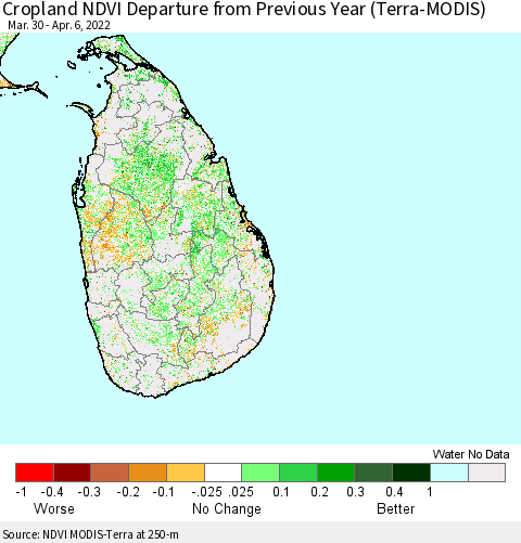 Sri Lanka Cropland NDVI Departure from Previous Year (Terra-MODIS) Thematic Map For 3/30/2022 - 4/6/2022