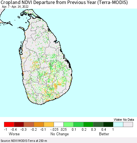 Sri Lanka Cropland NDVI Departure from Previous Year (Terra-MODIS) Thematic Map For 4/7/2022 - 4/14/2022