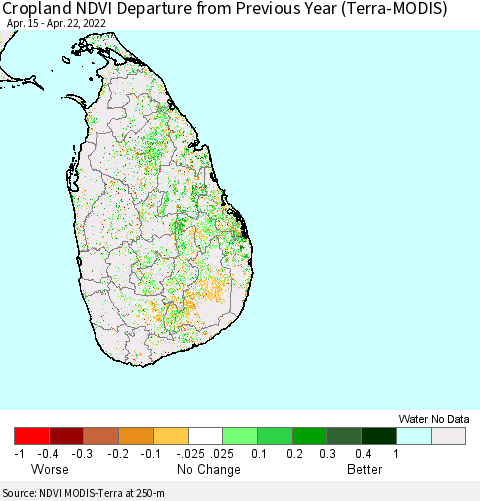 Sri Lanka Cropland NDVI Departure from Previous Year (Terra-MODIS) Thematic Map For 4/15/2022 - 4/22/2022
