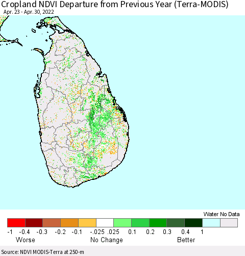 Sri Lanka Cropland NDVI Departure from Previous Year (Terra-MODIS) Thematic Map For 4/21/2022 - 4/30/2022