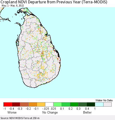 Sri Lanka Cropland NDVI Departure from Previous Year (Terra-MODIS) Thematic Map For 5/1/2022 - 5/8/2022