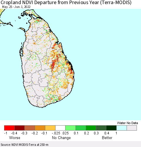 Sri Lanka Cropland NDVI Departure from Previous Year (Terra-MODIS) Thematic Map For 5/25/2022 - 6/1/2022