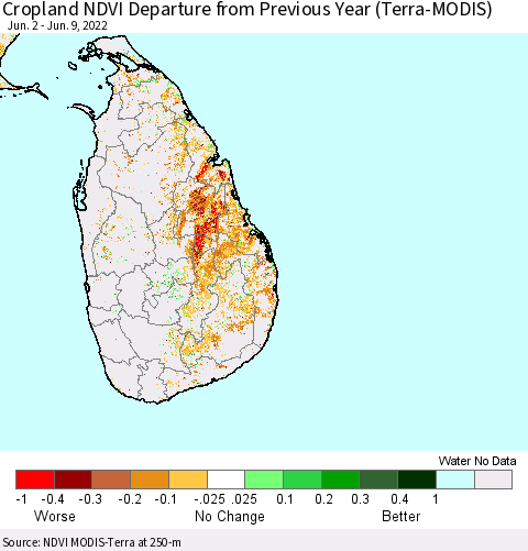 Sri Lanka Cropland NDVI Departure from Previous Year (Terra-MODIS) Thematic Map For 6/2/2022 - 6/9/2022