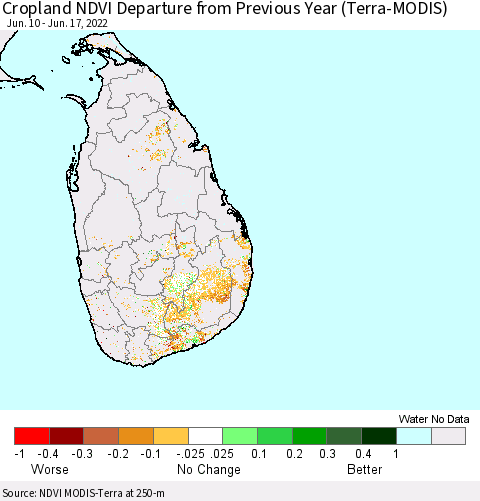 Sri Lanka Cropland NDVI Departure from Previous Year (Terra-MODIS) Thematic Map For 6/10/2022 - 6/17/2022