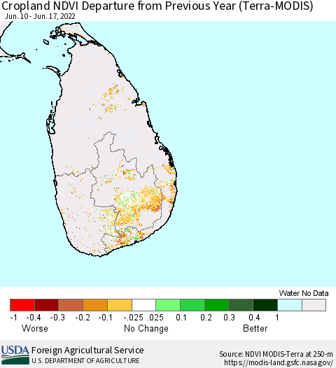 Sri Lanka Cropland NDVI Departure from Previous Year (Terra-MODIS) Thematic Map For 6/11/2022 - 6/20/2022
