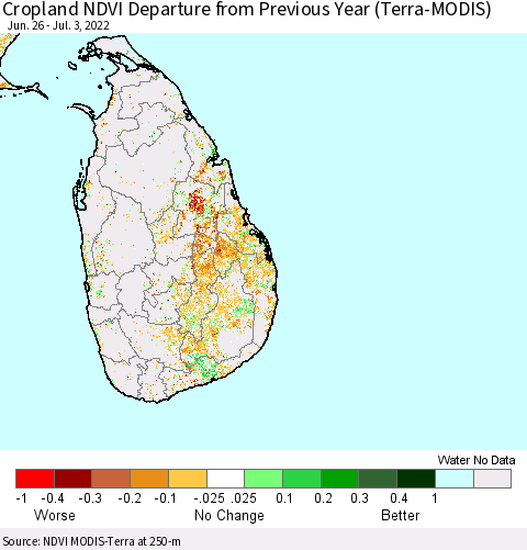 Sri Lanka Cropland NDVI Departure from Previous Year (Terra-MODIS) Thematic Map For 6/26/2022 - 7/3/2022