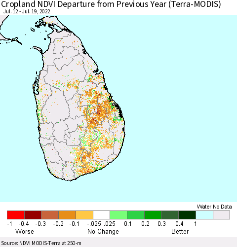 Sri Lanka Cropland NDVI Departure from Previous Year (Terra-MODIS) Thematic Map For 7/12/2022 - 7/19/2022