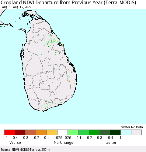 Sri Lanka Cropland NDVI Departure from Previous Year (Terra-MODIS) Thematic Map For 8/5/2022 - 8/12/2022