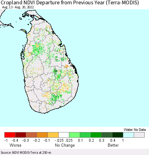 Sri Lanka Cropland NDVI Departure from Previous Year (Terra-MODIS) Thematic Map For 8/11/2022 - 8/20/2022