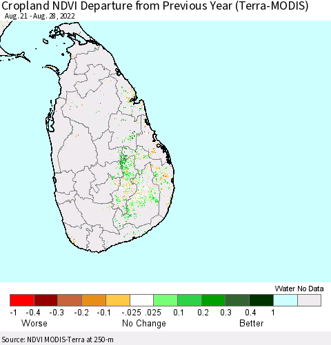 Sri Lanka Cropland NDVI Departure from Previous Year (Terra-MODIS) Thematic Map For 8/21/2022 - 8/28/2022