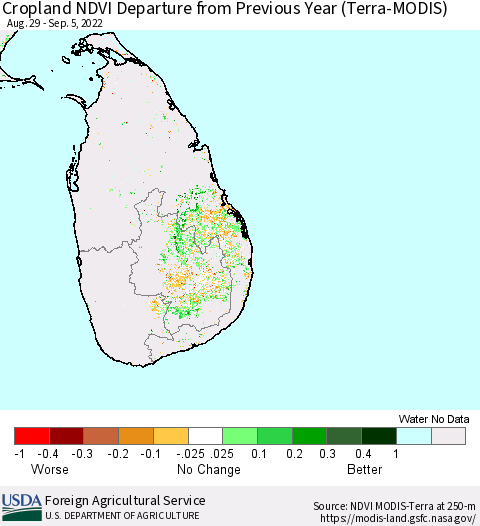 Sri Lanka Cropland NDVI Departure from Previous Year (Terra-MODIS) Thematic Map For 9/1/2022 - 9/10/2022