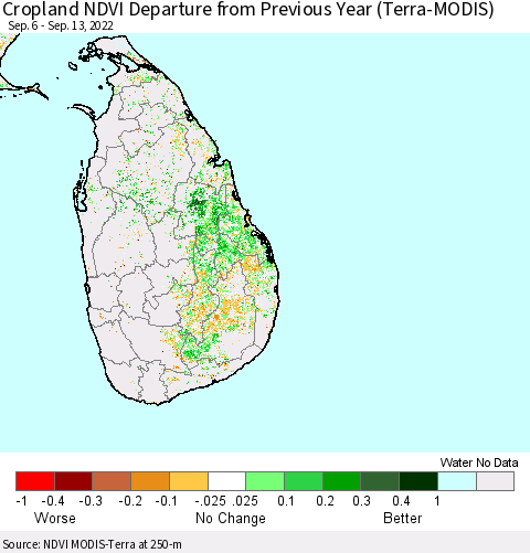 Sri Lanka Cropland NDVI Departure from Previous Year (Terra-MODIS) Thematic Map For 9/6/2022 - 9/13/2022