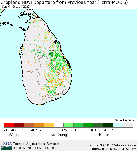 Sri Lanka Cropland NDVI Departure from Previous Year (Terra-MODIS) Thematic Map For 9/11/2022 - 9/20/2022