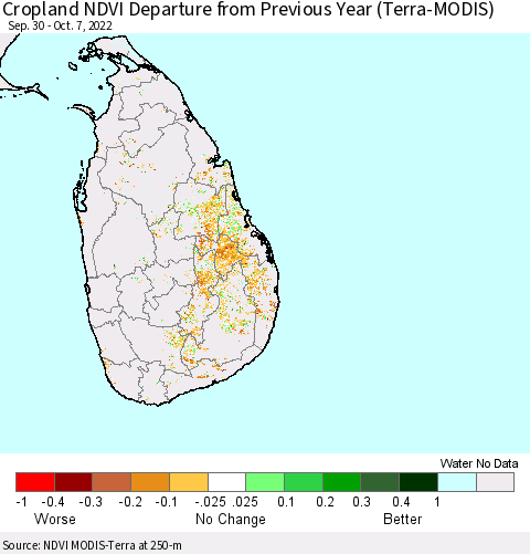 Sri Lanka Cropland NDVI Departure from Previous Year (Terra-MODIS) Thematic Map For 9/30/2022 - 10/7/2022