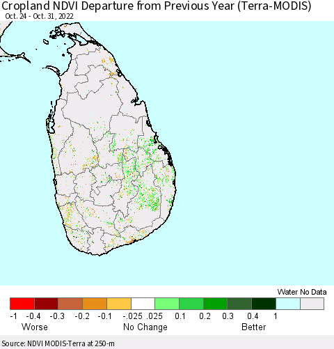 Sri Lanka Cropland NDVI Departure from Previous Year (Terra-MODIS) Thematic Map For 10/21/2022 - 10/31/2022