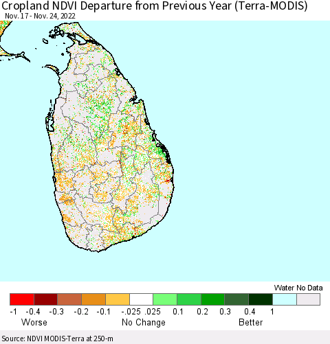 Sri Lanka Cropland NDVI Departure from Previous Year (Terra-MODIS) Thematic Map For 11/17/2022 - 11/24/2022