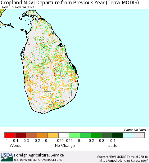 Sri Lanka Cropland NDVI Departure from Previous Year (Terra-MODIS) Thematic Map For 11/21/2022 - 11/30/2022