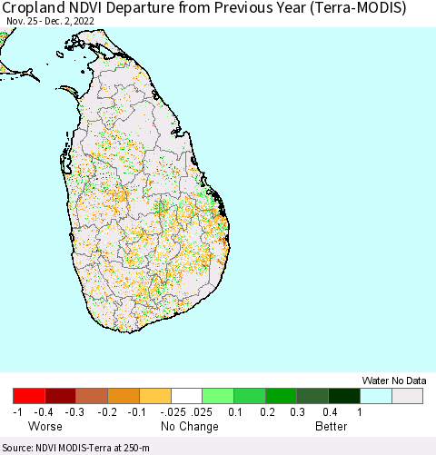 Sri Lanka Cropland NDVI Departure from Previous Year (Terra-MODIS) Thematic Map For 11/25/2022 - 12/2/2022
