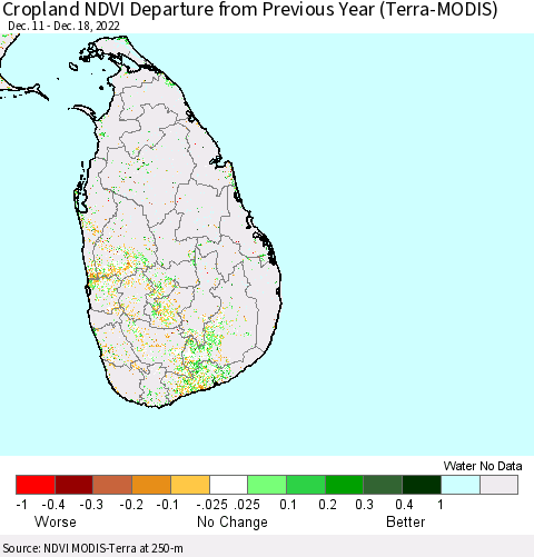 Sri Lanka Cropland NDVI Departure from Previous Year (Terra-MODIS) Thematic Map For 12/11/2022 - 12/18/2022