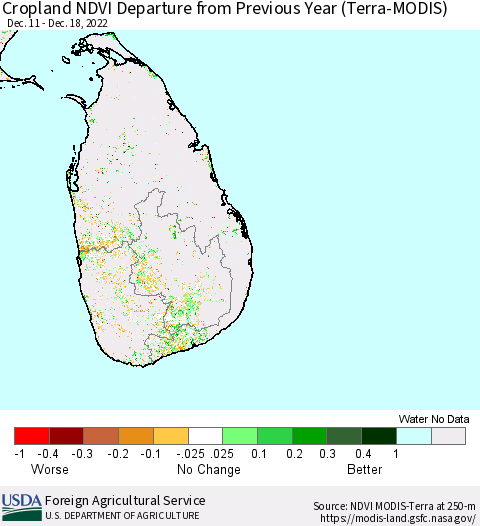 Sri Lanka Cropland NDVI Departure from Previous Year (Terra-MODIS) Thematic Map For 12/11/2022 - 12/20/2022